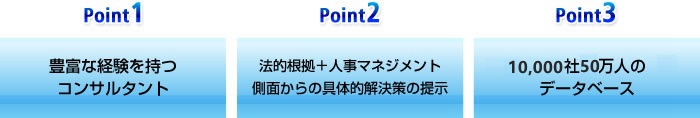 Point1 豊富な経験を持つコンサルタント Point2法的根拠+人事マネジメント側面からの具体的解決策の提示 Point3 4000社30万人のデータベース